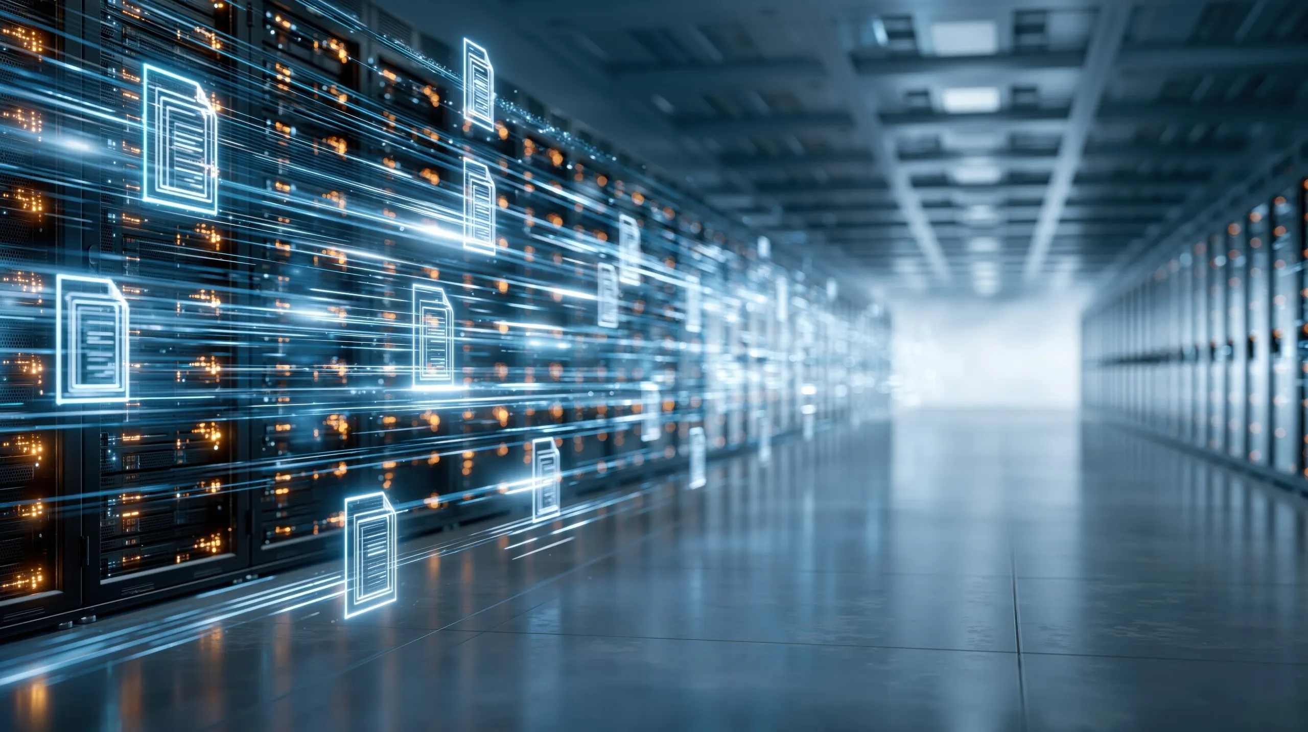 サーバラックとデータ管理を表現したネットワーク機器のイメージ